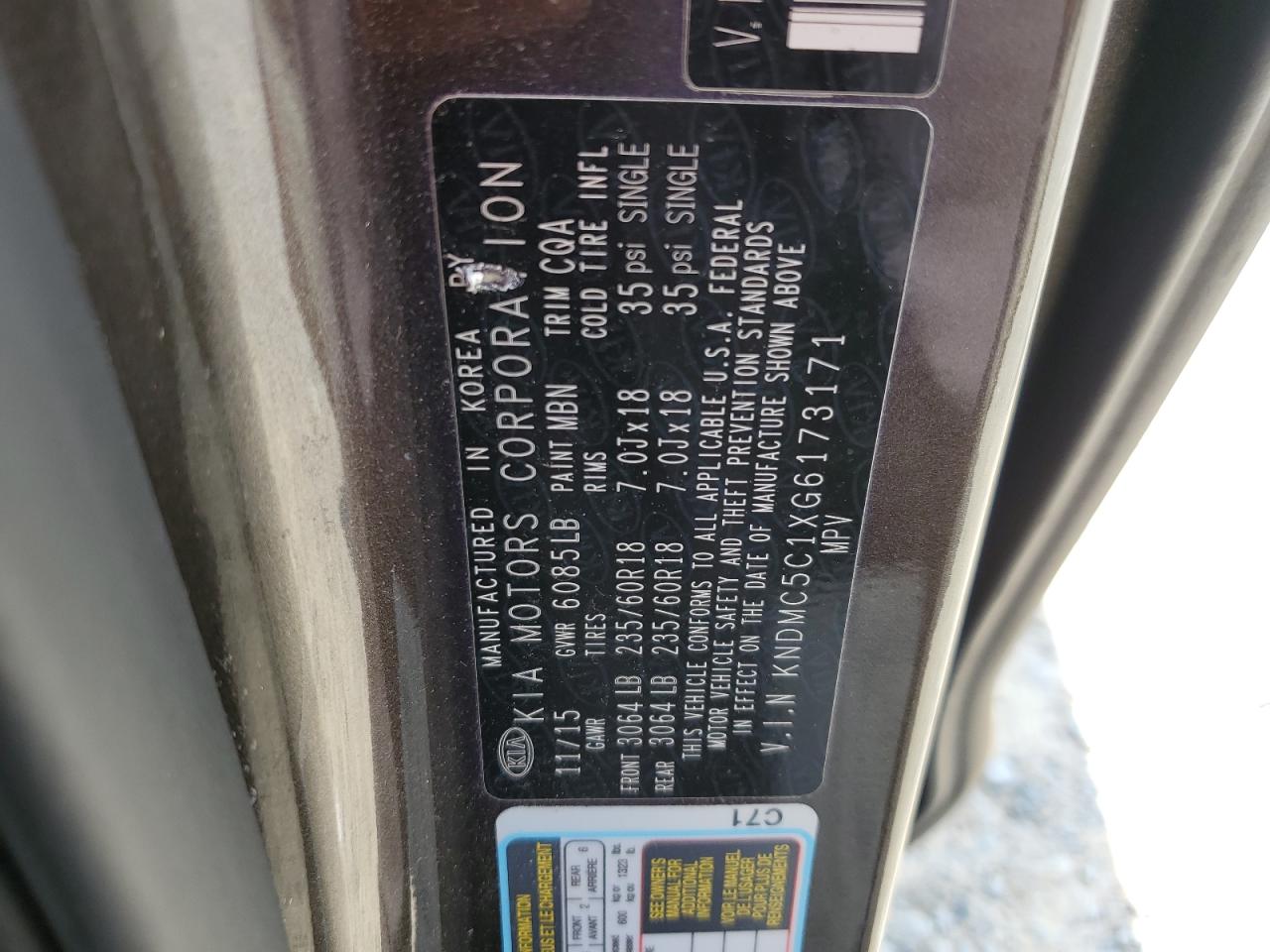 2016 Kia Sedona Ex VIN: KNDMC5C1XG6173171 Lot: 69427795