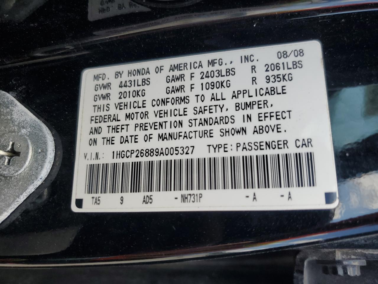 2009 Honda Accord Exl VIN: 1HGCP26889A005327 Lot: 67419685