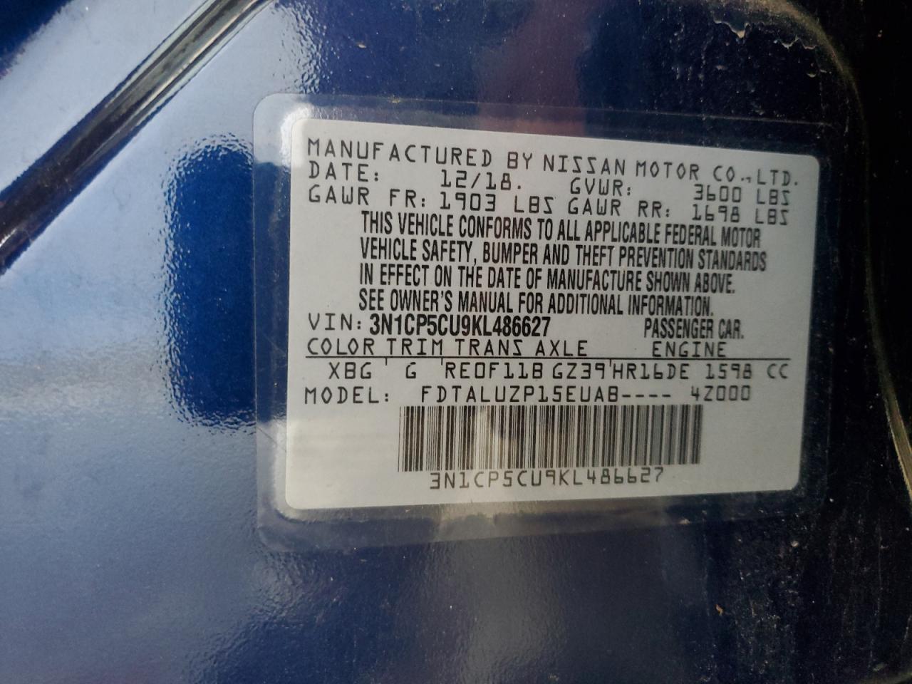 2019 Nissan Kicks S VIN: 3N1CP5CU9KL486627 Lot: 68654695