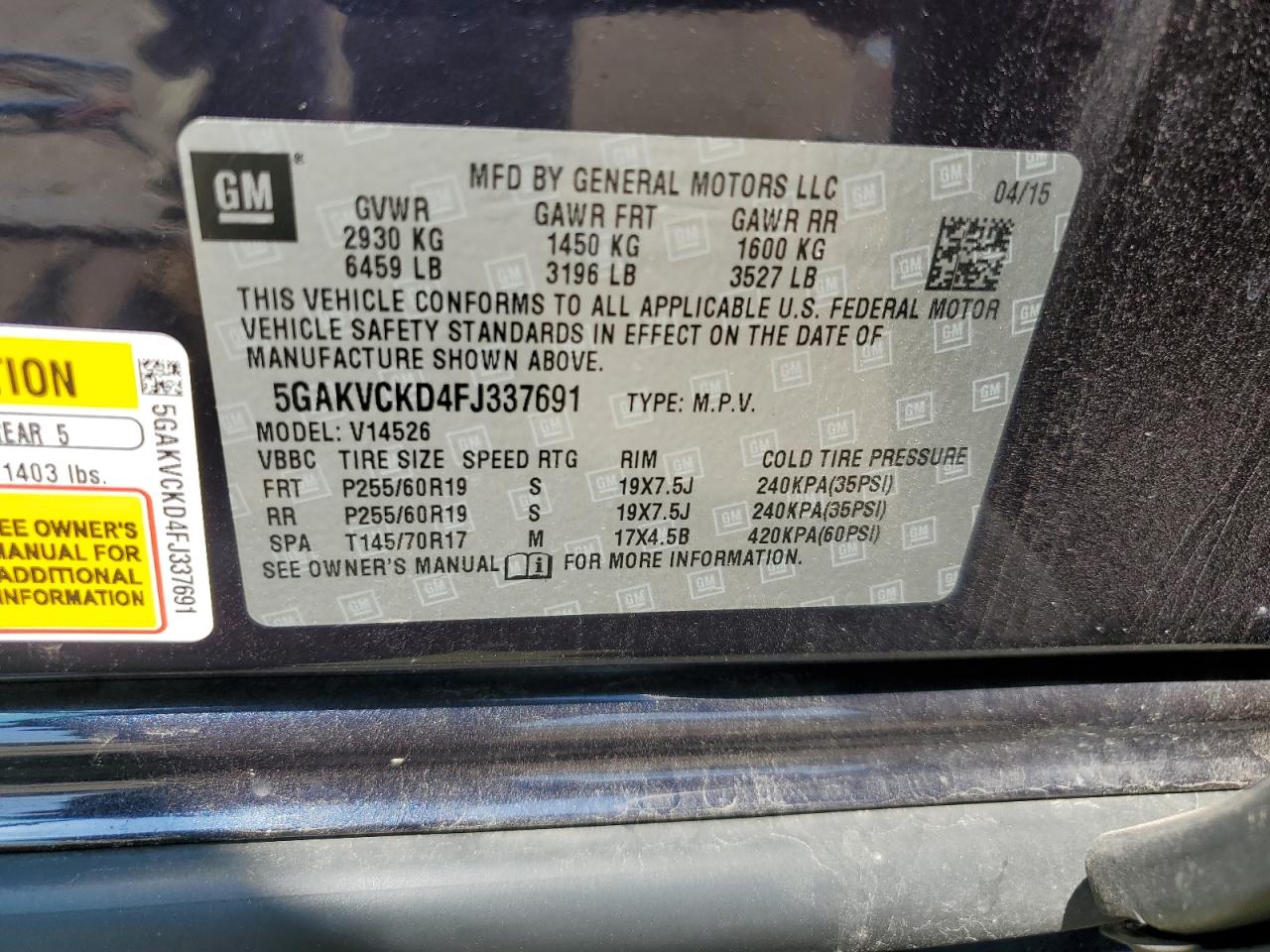 2015 Buick Enclave VIN: 5GAKVCKD4FJ337691 Lot: 68419135