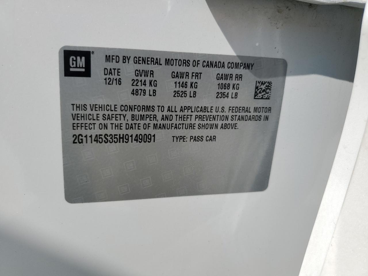 2017 Chevrolet Impala Premier VIN: 2G1145S35H9149091 Lot: 67099445