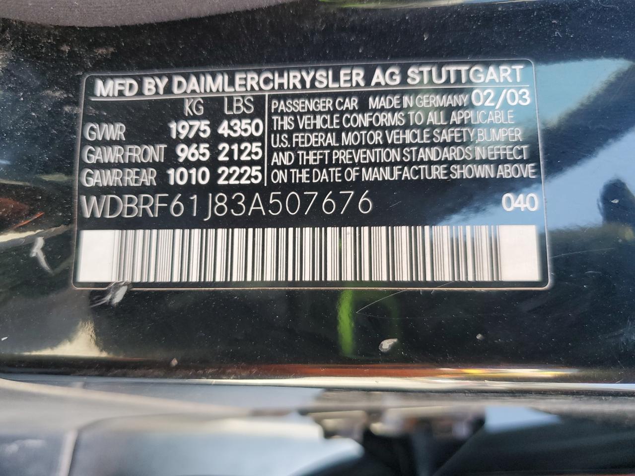 2003 Mercedes-Benz C 240 VIN: WDBRF61J83A507676 Lot: 68770495