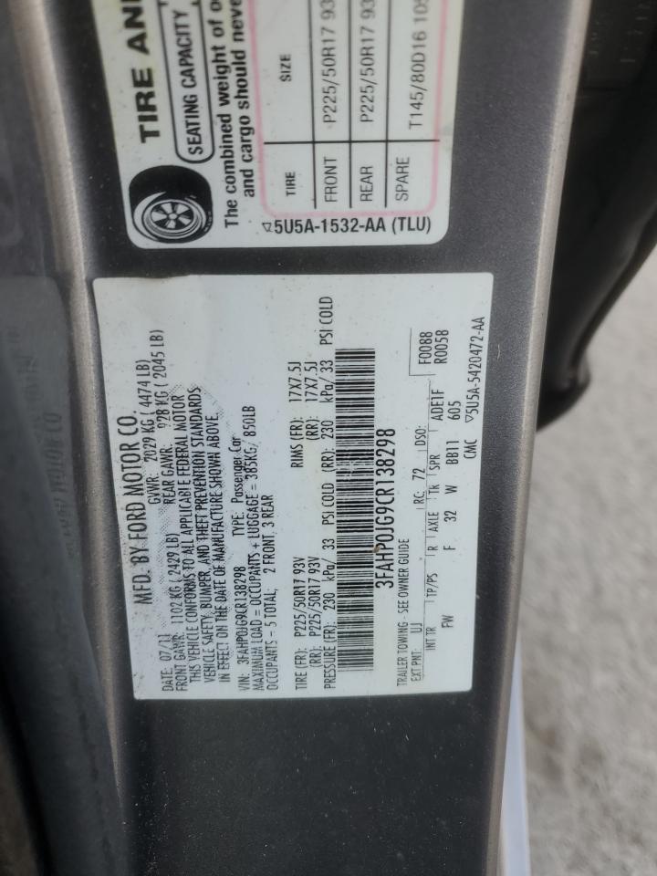 2012 Ford Fusion Sel VIN: 3FAHP0JG9CR138298 Lot: 69445015