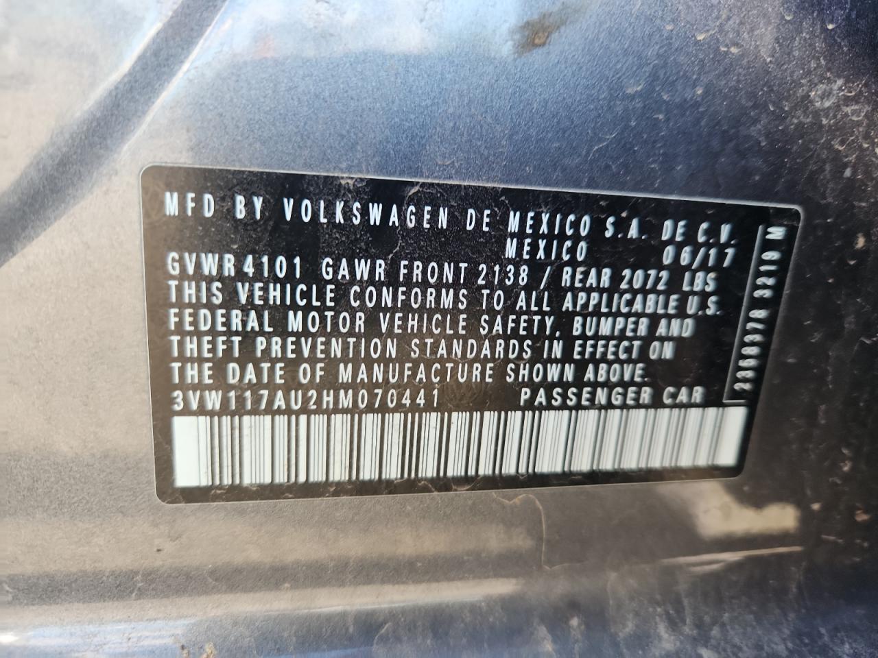 2017 Volkswagen Golf S VIN: 3VW117AU2HM070441 Lot: 70125225