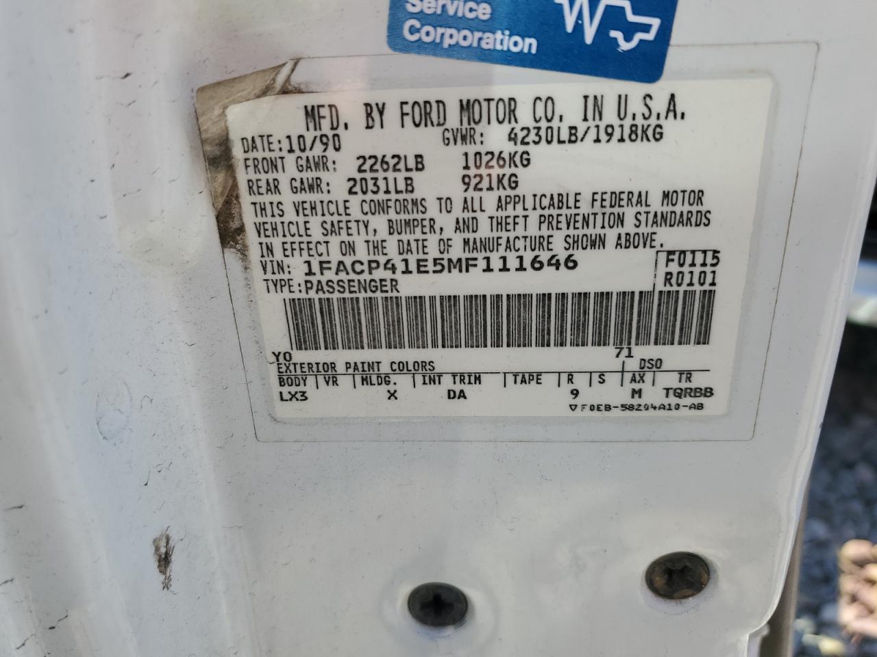 1991 Ford Mustang Lx VIN: 1FACP41E5MF111646 Lot: 68770875