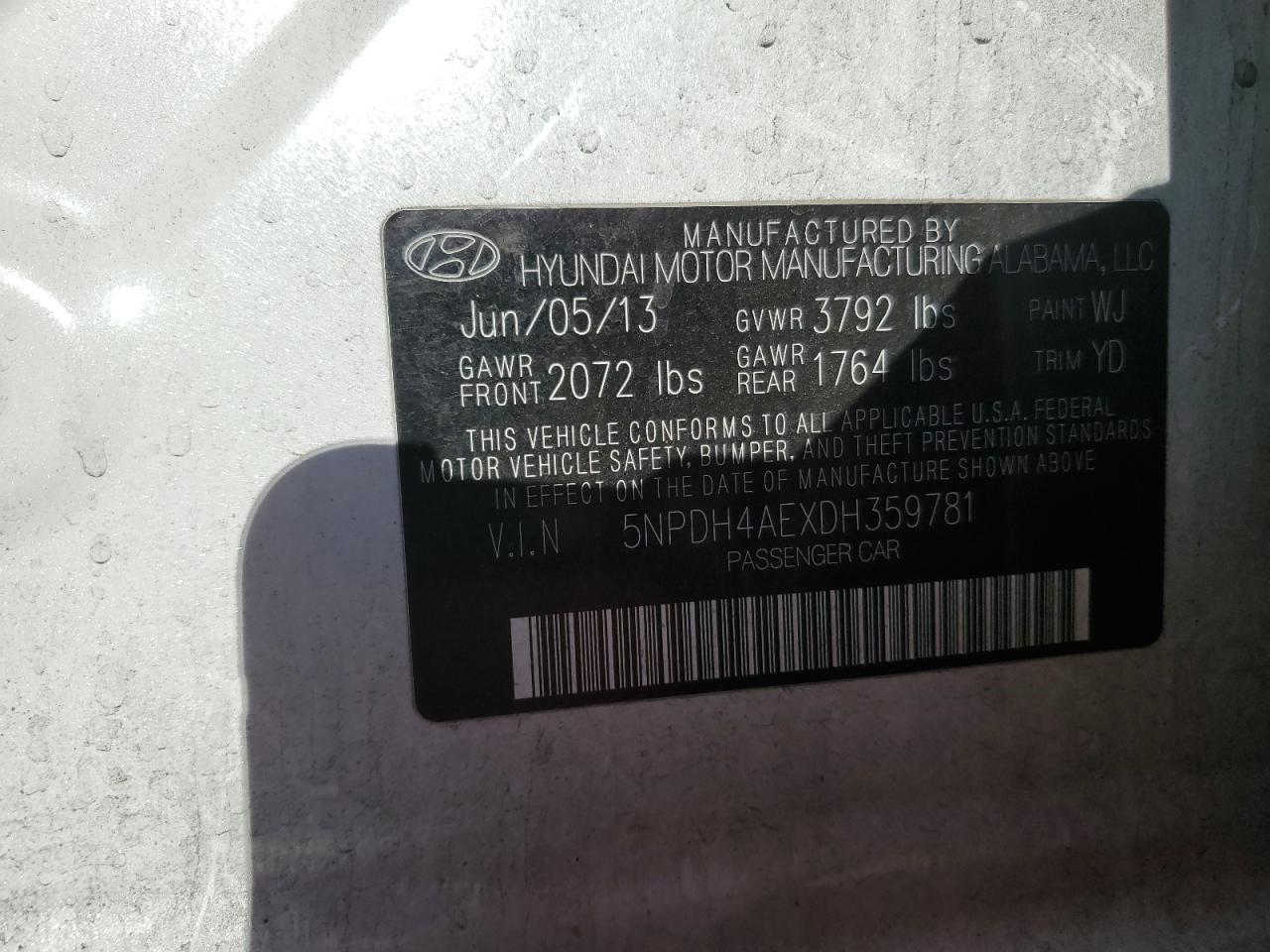 2013 Hyundai Elantra Gls VIN: 5NPDH4AEXDH359781 Lot: 71067345