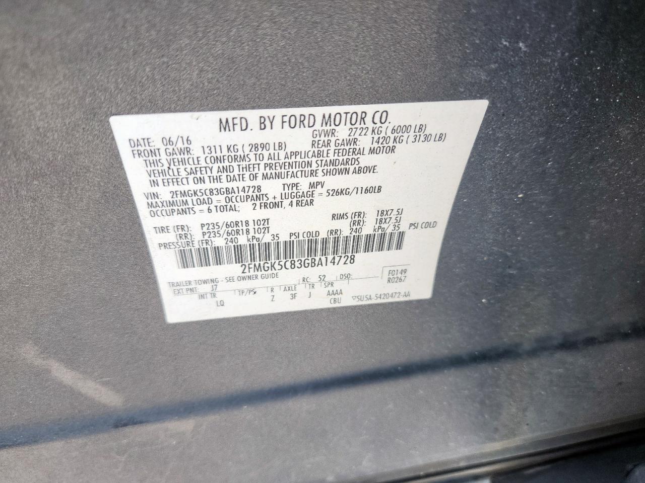 2016 Ford Flex Sel VIN: 2FMGK5C83GBA14728 Lot: 70519035