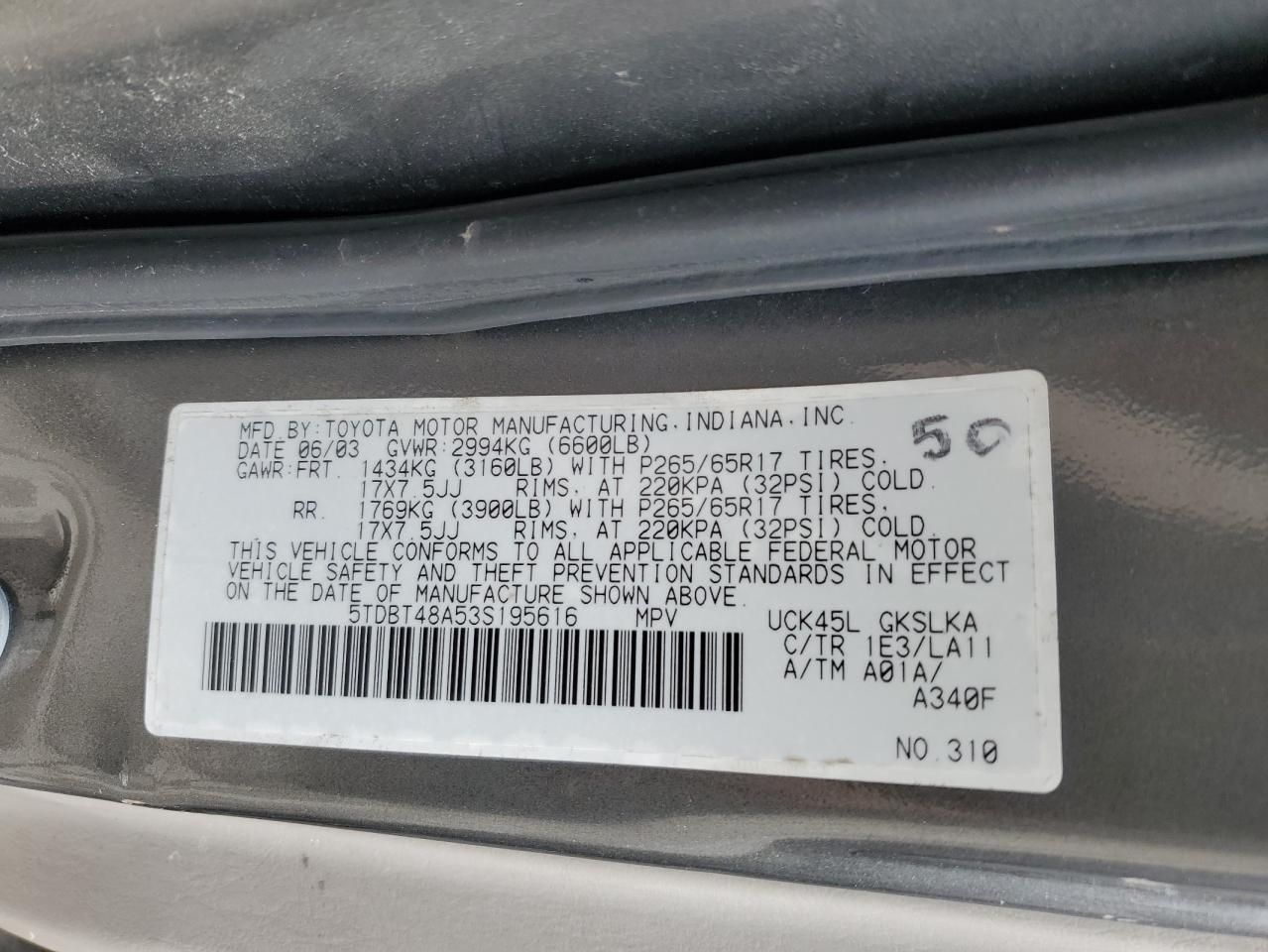 2003 Toyota Sequoia Limited VIN: 5TDBT48A53S195616 Lot: 70588735