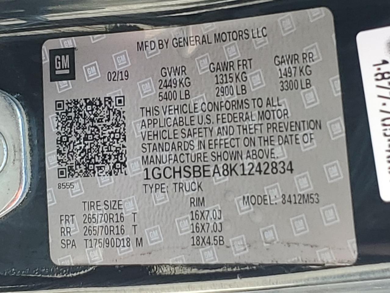 2019 Chevrolet Colorado VIN: 1GCHSBEA8K1242834 Lot: 69701245