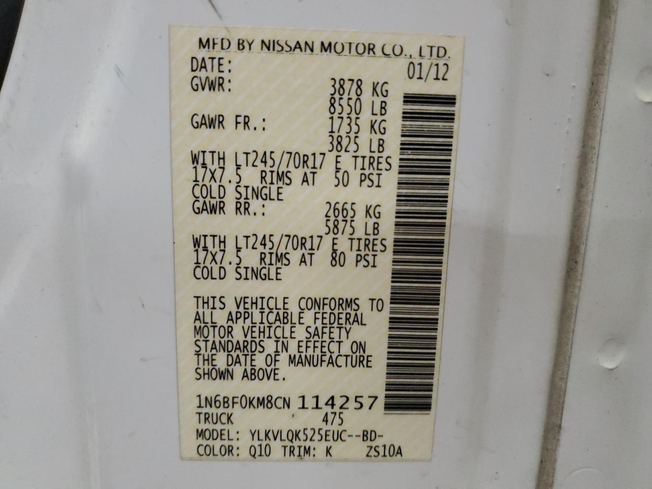 2012 Nissan Nv 1500 VIN: 1N6BF0KM8CN114257 Lot: 69001995