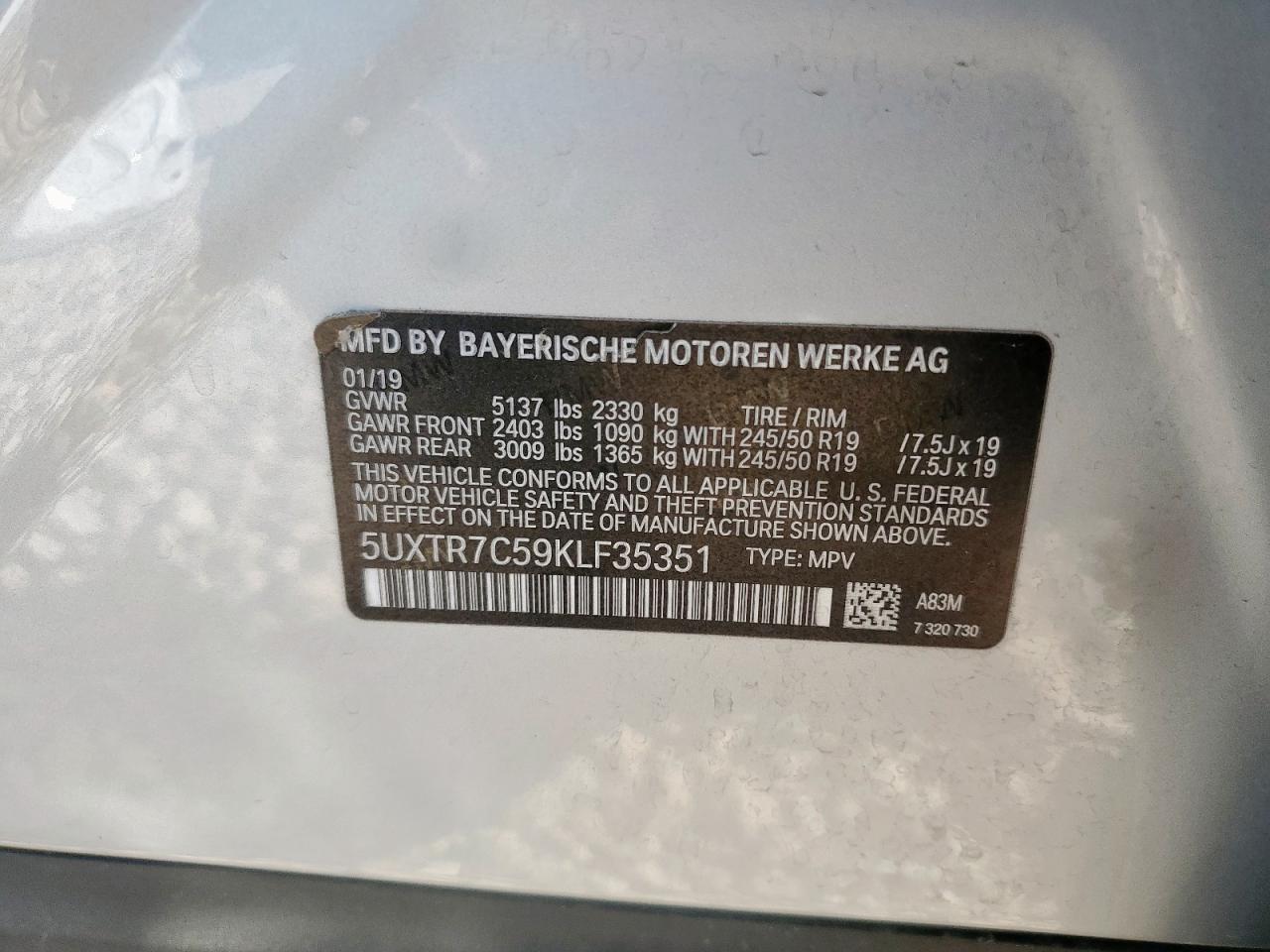 2019 BMW X3 Sdrive30I VIN: 5UXTR7C59KLF35351 Lot: 69502565