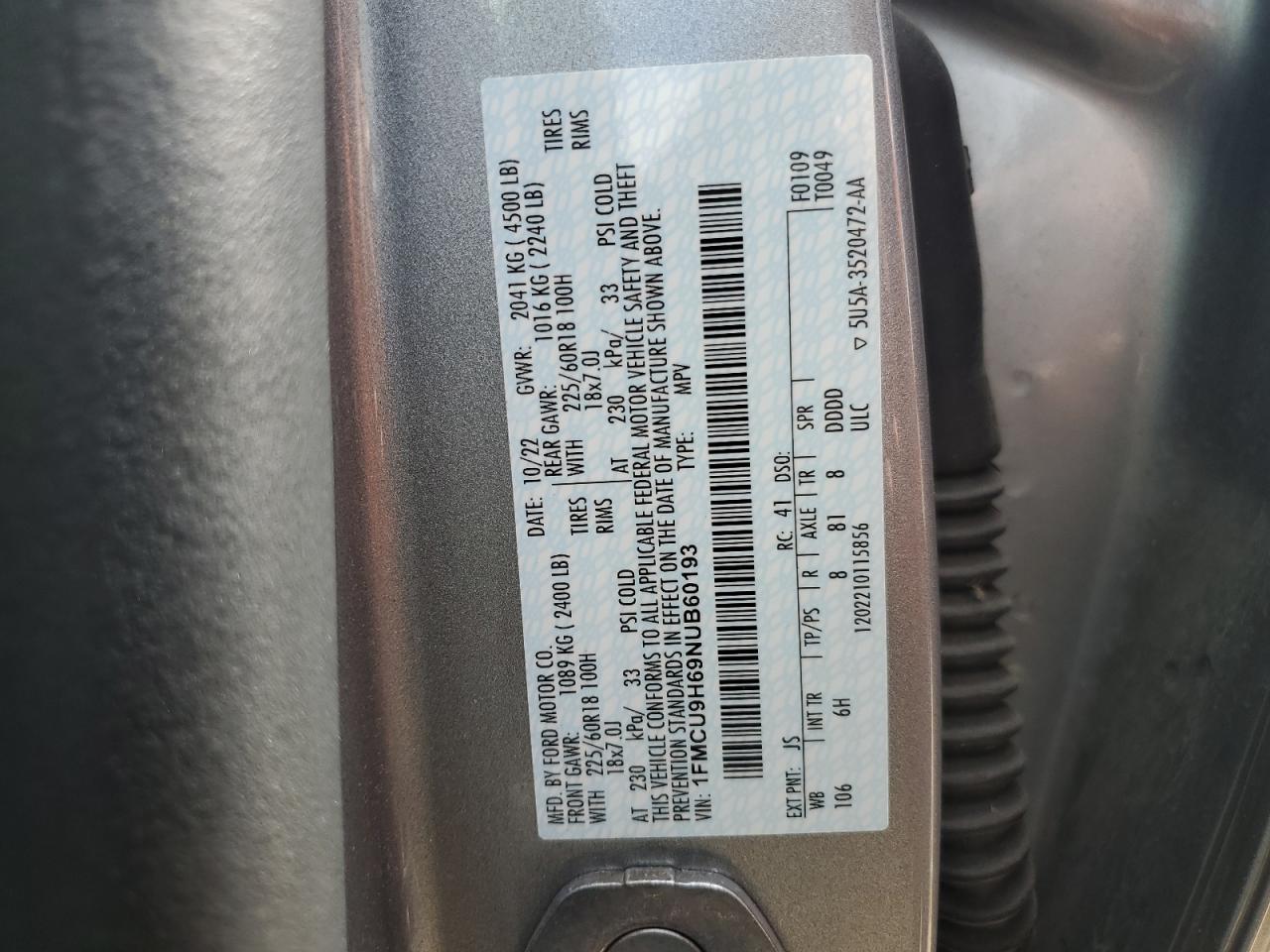 2022 Ford Escape Sel VIN: 1FMCU9H69NUB60193 Lot: 69818635