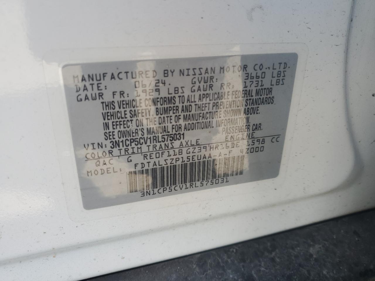 2024 Nissan Kicks Sv VIN: 3N1CP5CV1RL575031 Lot: 68665835