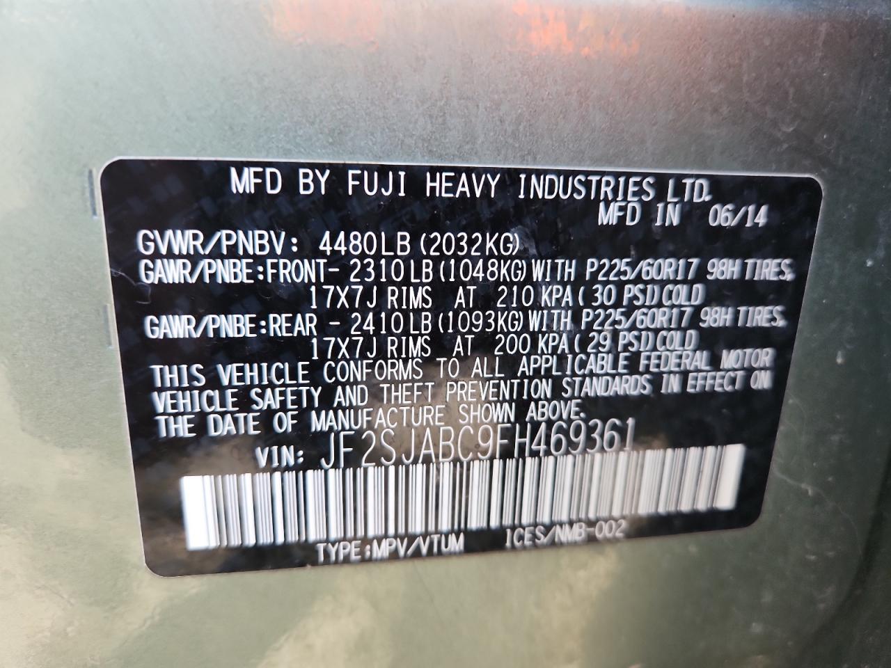 2015 Subaru Forester 2.5I VIN: JF2SJABC9FH469361 Lot: 69673355