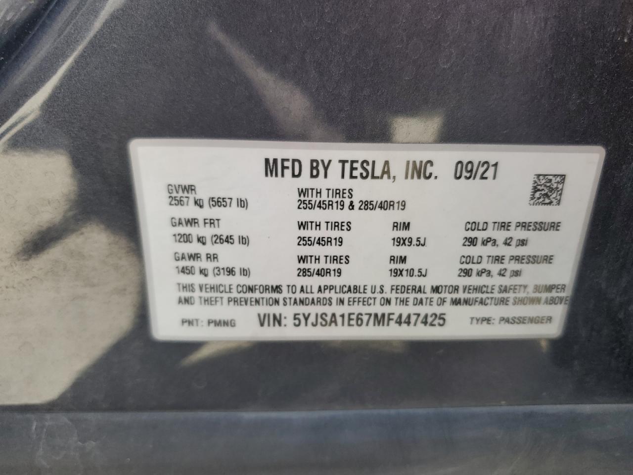 2021 Tesla Model S VIN: 5YJSA1E67MF447425 Lot: 69418465