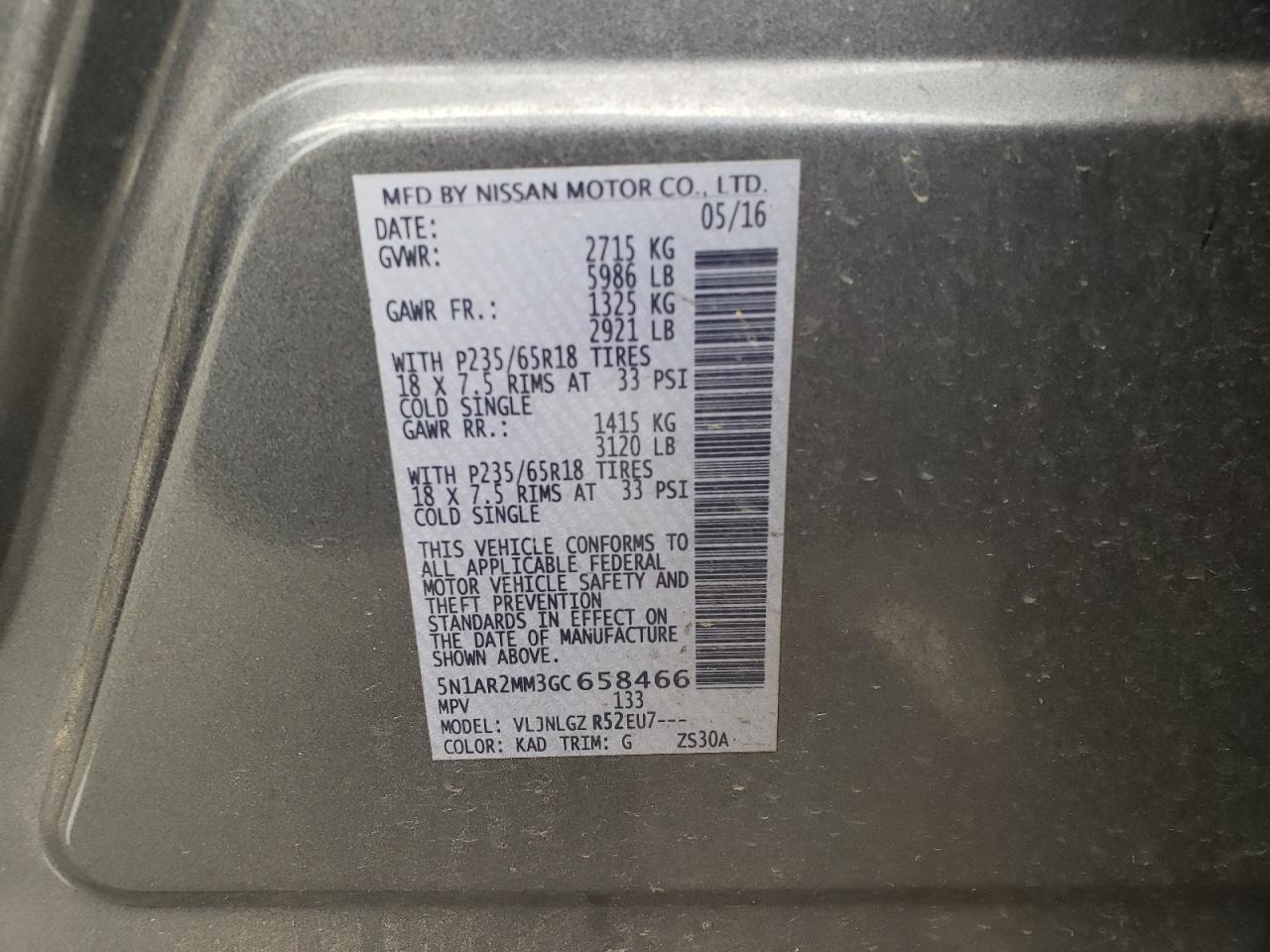 2016 Nissan Pathfinder S VIN: 5N1AR2MM3GC658466 Lot: 67313705