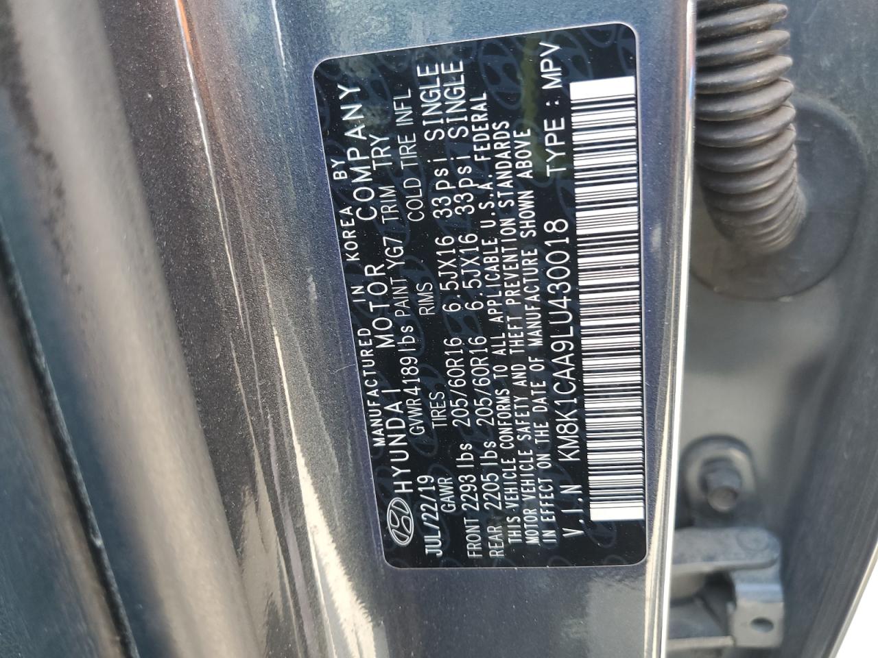 2020 Hyundai Kona Se VIN: KM8K1CAA9LU430018 Lot: 69831065