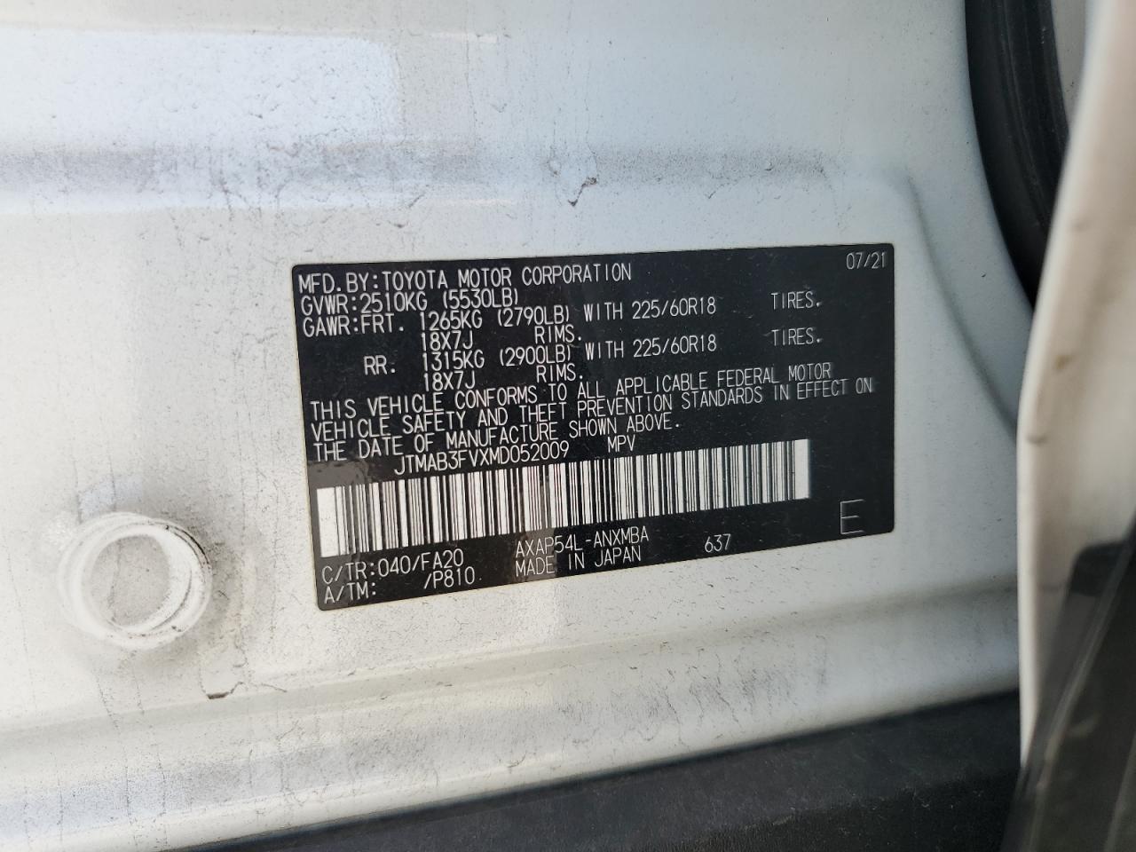 2021 Toyota Rav4 Prime Se VIN: JTMAB3FVXMD052009 Lot: 69500735