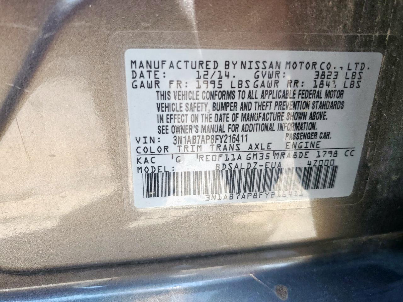 2015 Nissan Sentra S VIN: 3N1AB7AP8FY216411 Lot: 69862045