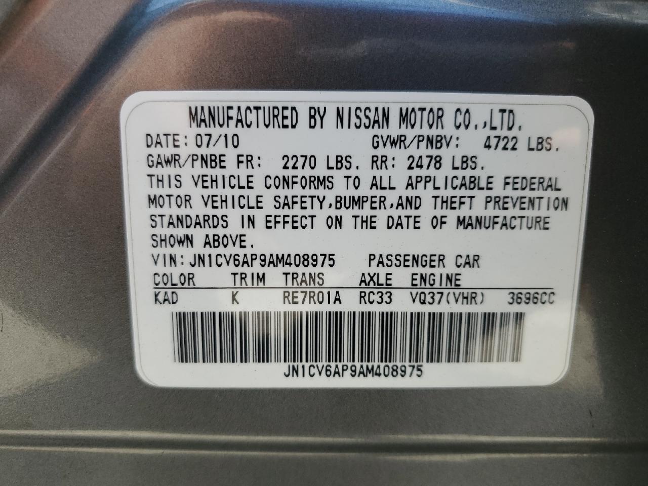 2010 Infiniti G37 Base VIN: JN1CV6AP9AM408975 Lot: 69980215