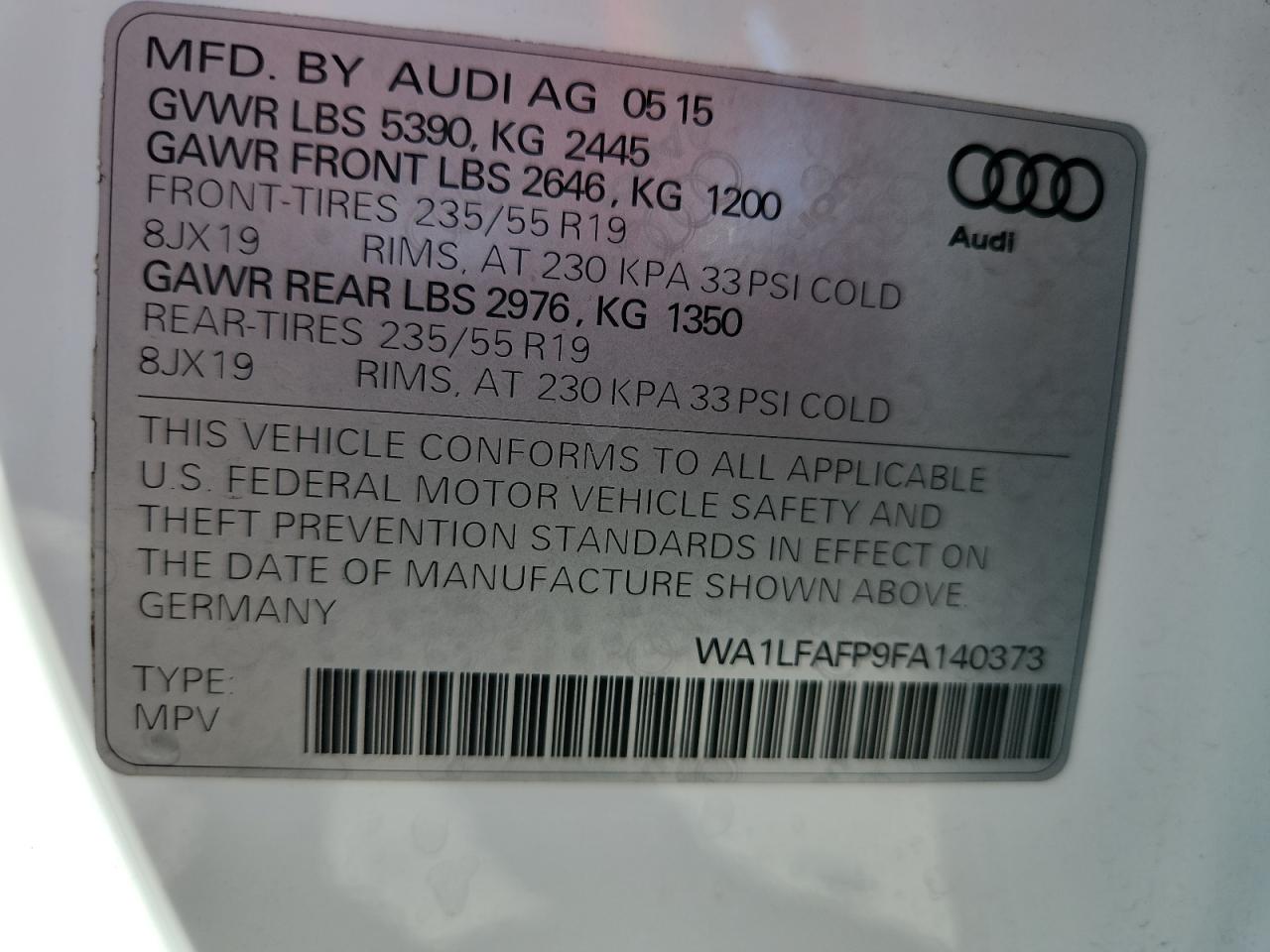 2015 Audi Q5 Premium Plus VIN: WA1LFAFP9FA140373 Lot: 69798965