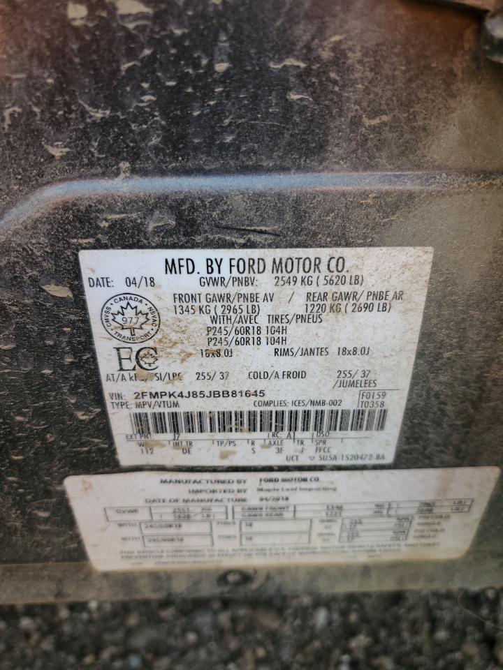 2018 Ford Edge Sel VIN: 2FMPK4J85JBB81645 Lot: 68911945