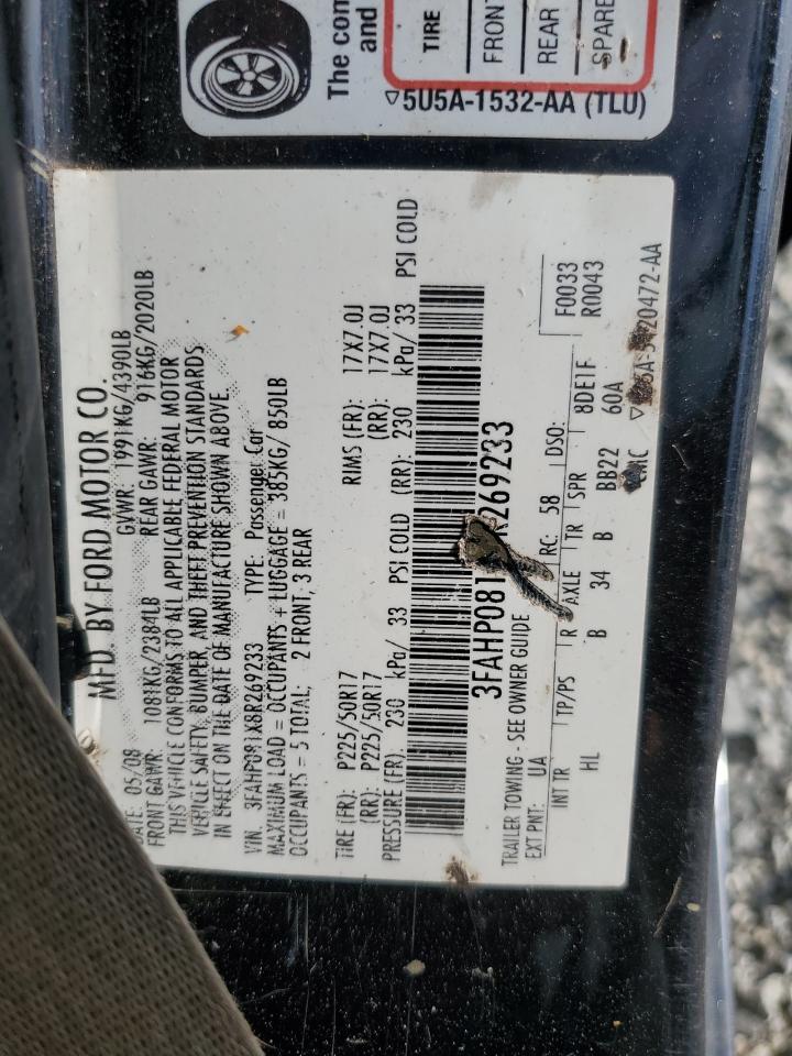 2008 Ford Fusion Sel VIN: 3FAHP081X8R269233 Lot: 70193385