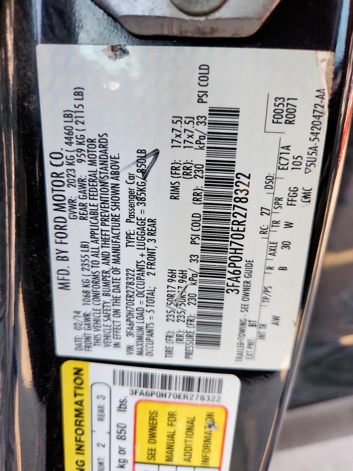 2014 Ford Fusion Se VIN: 3FA6P0H70ER278322 Lot: 65602515