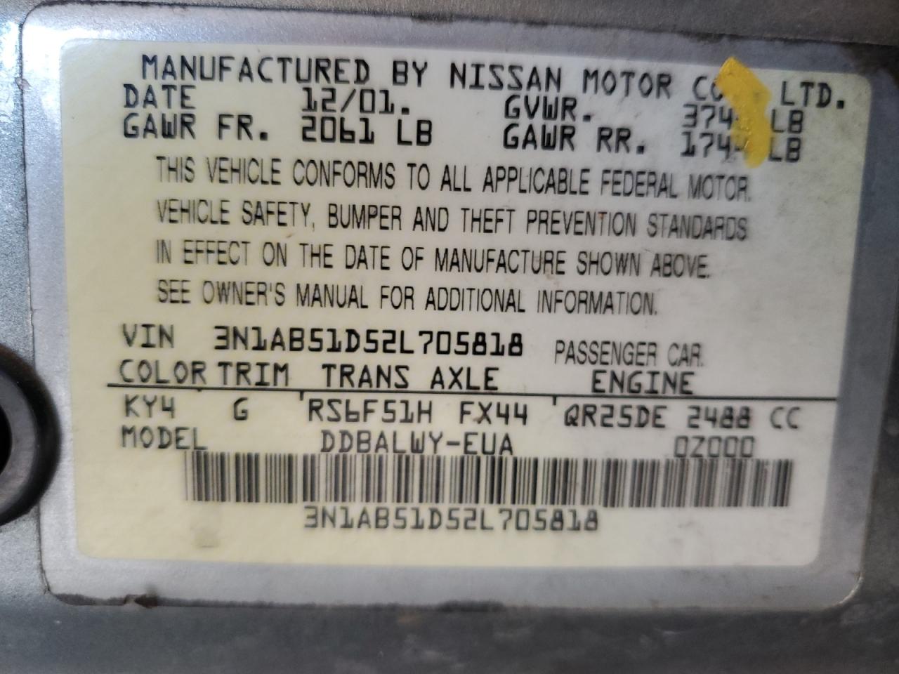 2002 Nissan Sentra Se-R Spec V VIN: 3N1AB51D52L705818 Lot: 69184455
