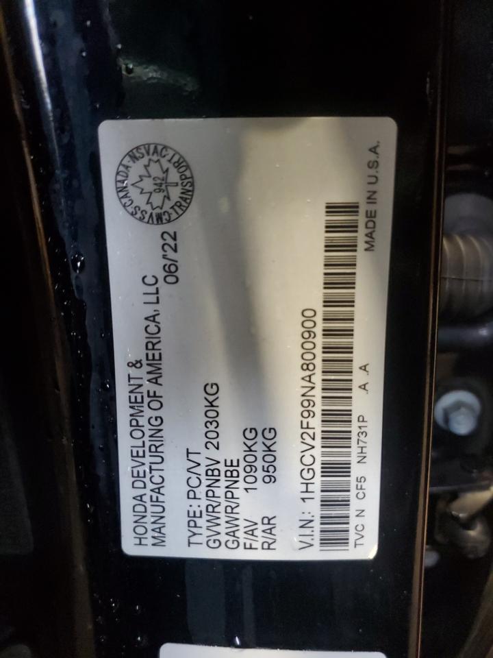 2022 Honda Accord Touring VIN: 1HGCV2F99NA800900 Lot: 68961265