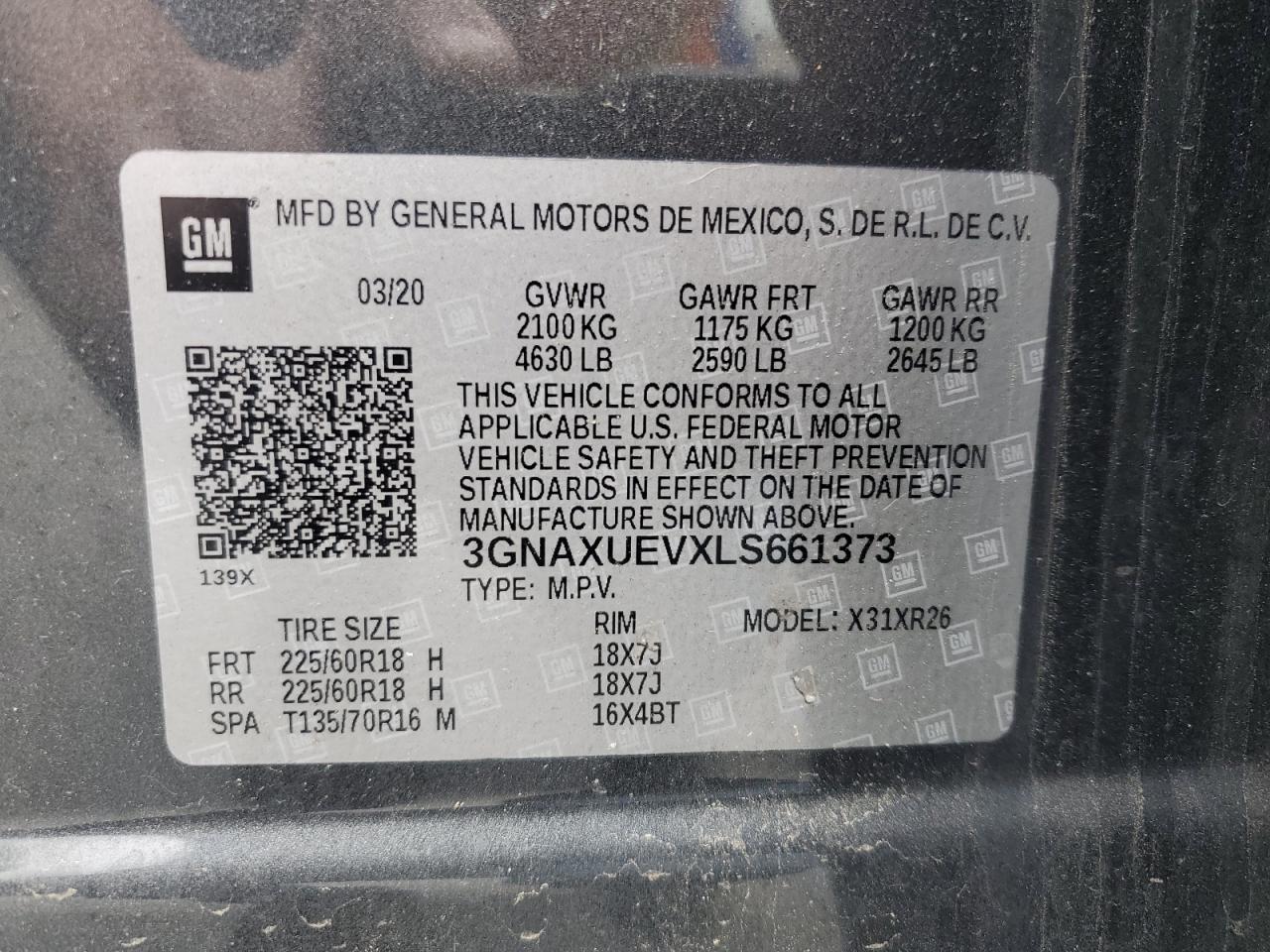 2020 Chevrolet Equinox Lt VIN: 3GNAXUEVXLS661373 Lot: 69798235