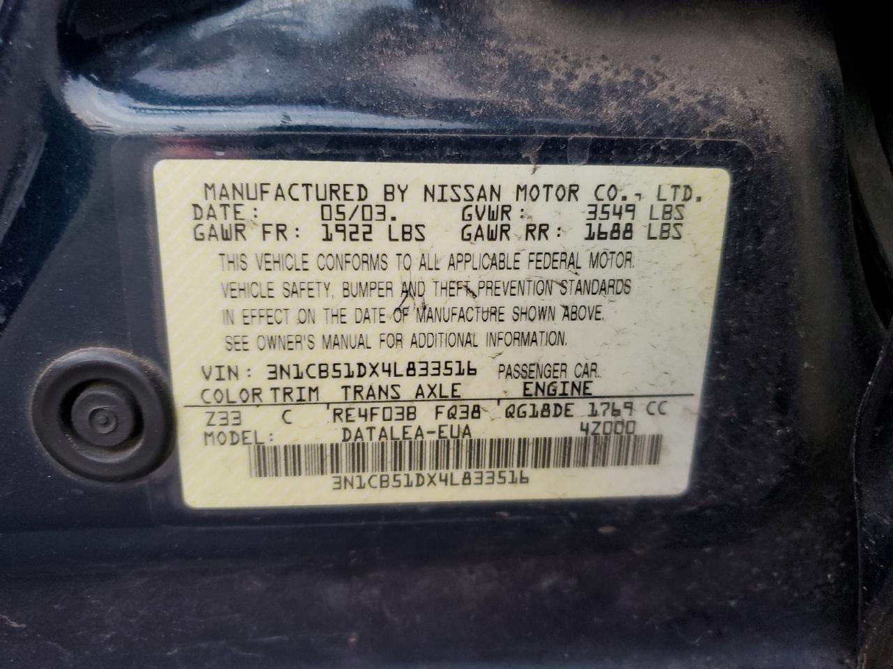 2004 Nissan Sentra 1.8 VIN: 3N1CB51DX4L833516 Lot: 69665075