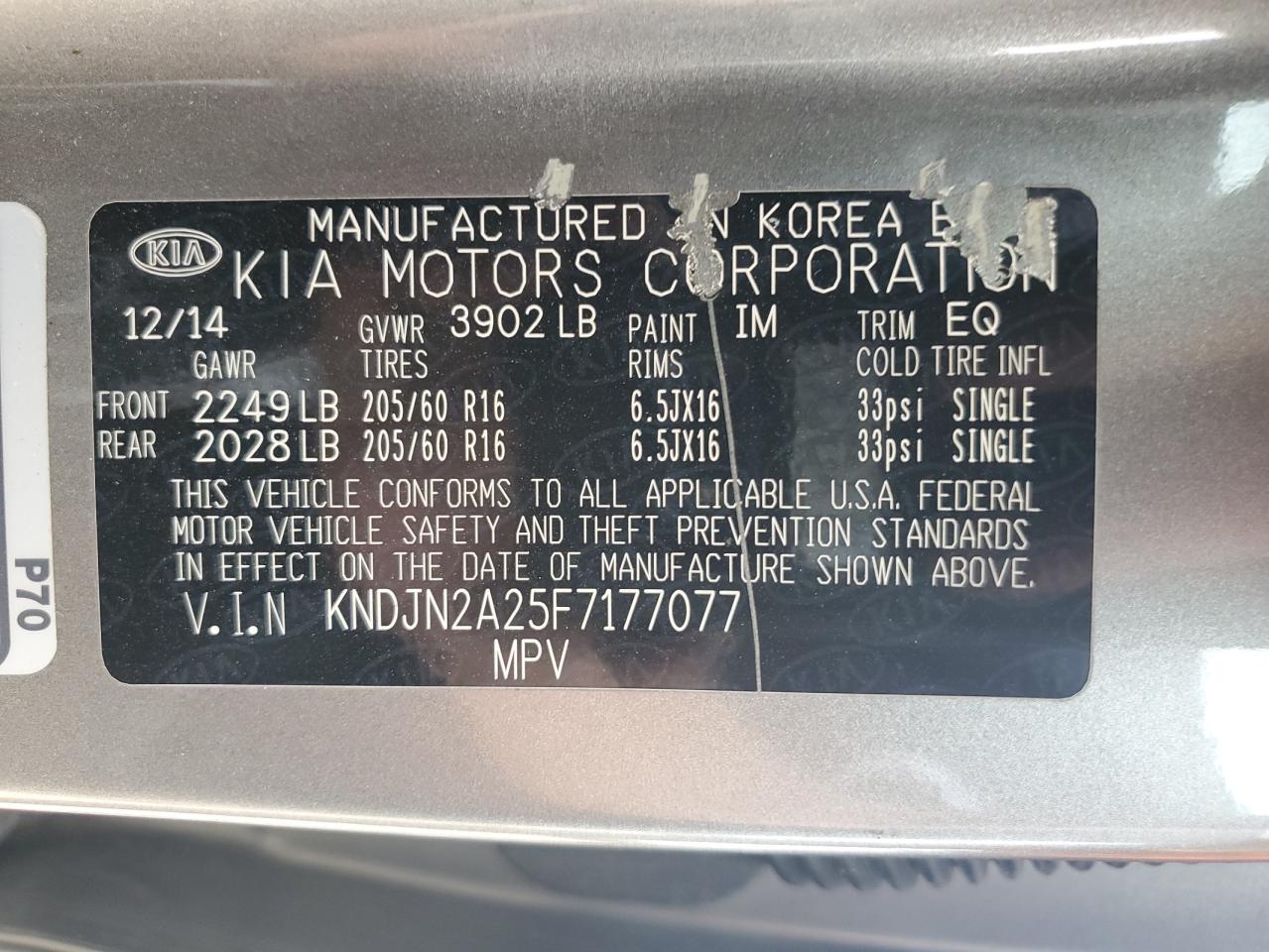 2015 Kia Soul VIN: KNDJN2A25F7177077 Lot: 70055735