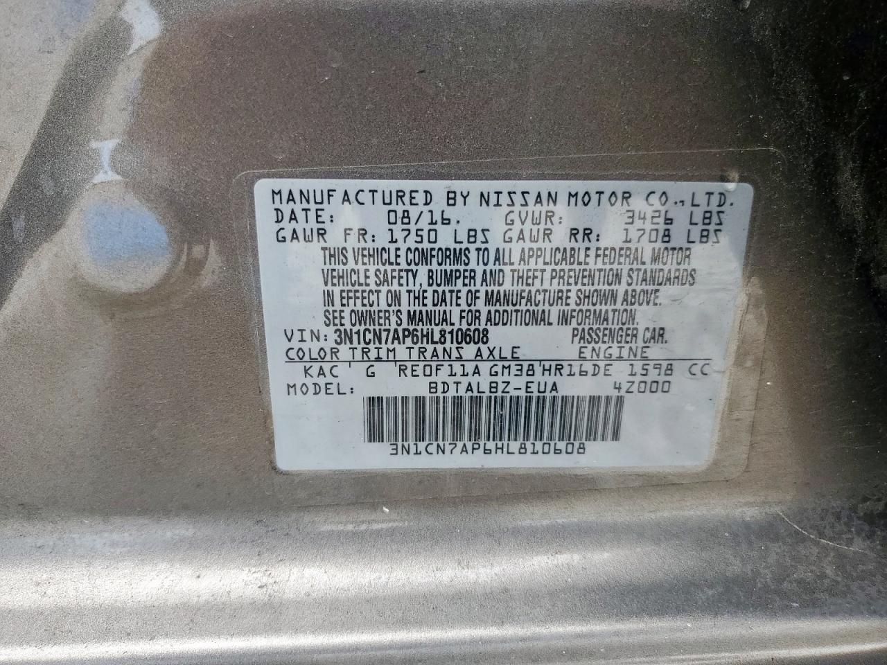 2017 Nissan Versa S VIN: 3N1CN7AP6HL810608 Lot: 70006755