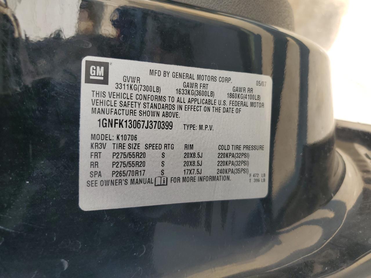 2007 Chevrolet Tahoe K1500 VIN: 1GNFK13067J370399 Lot: 69052175