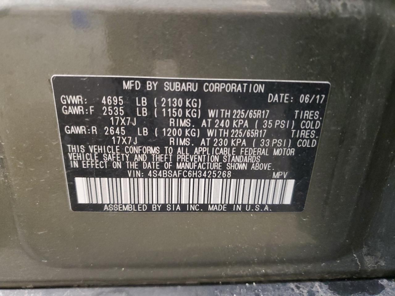 2017 Subaru Outback 2.5I Premium VIN: 4S4BSAFC6H3425268 Lot: 67084685