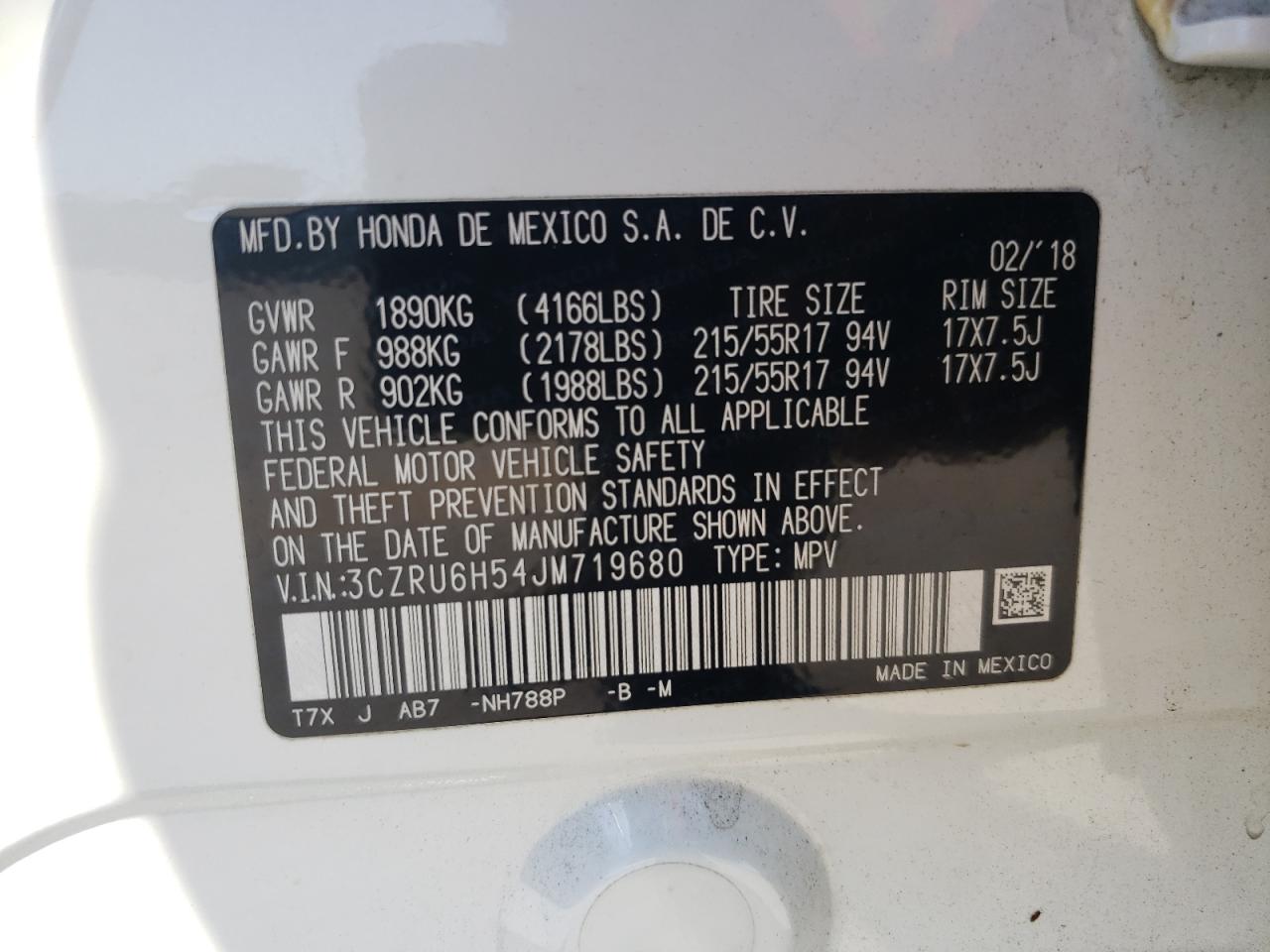 2018 Honda Hr-V Ex VIN: 3CZRU6H54JM719680 Lot: 70724105