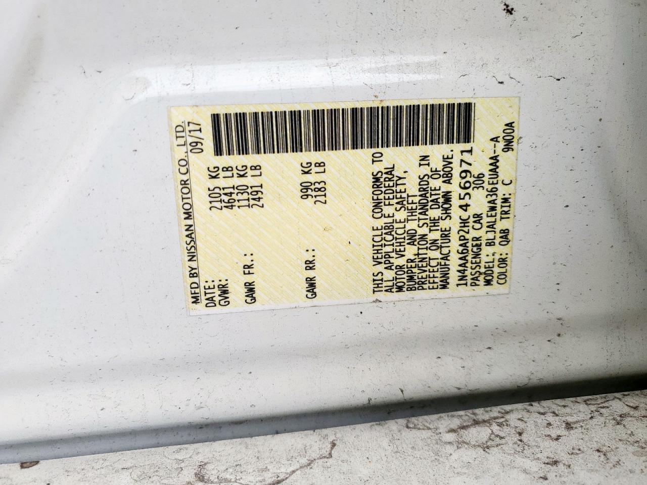 2017 Nissan Maxima 3.5S VIN: 1N4AA6AP2HC456971 Lot: 67287255