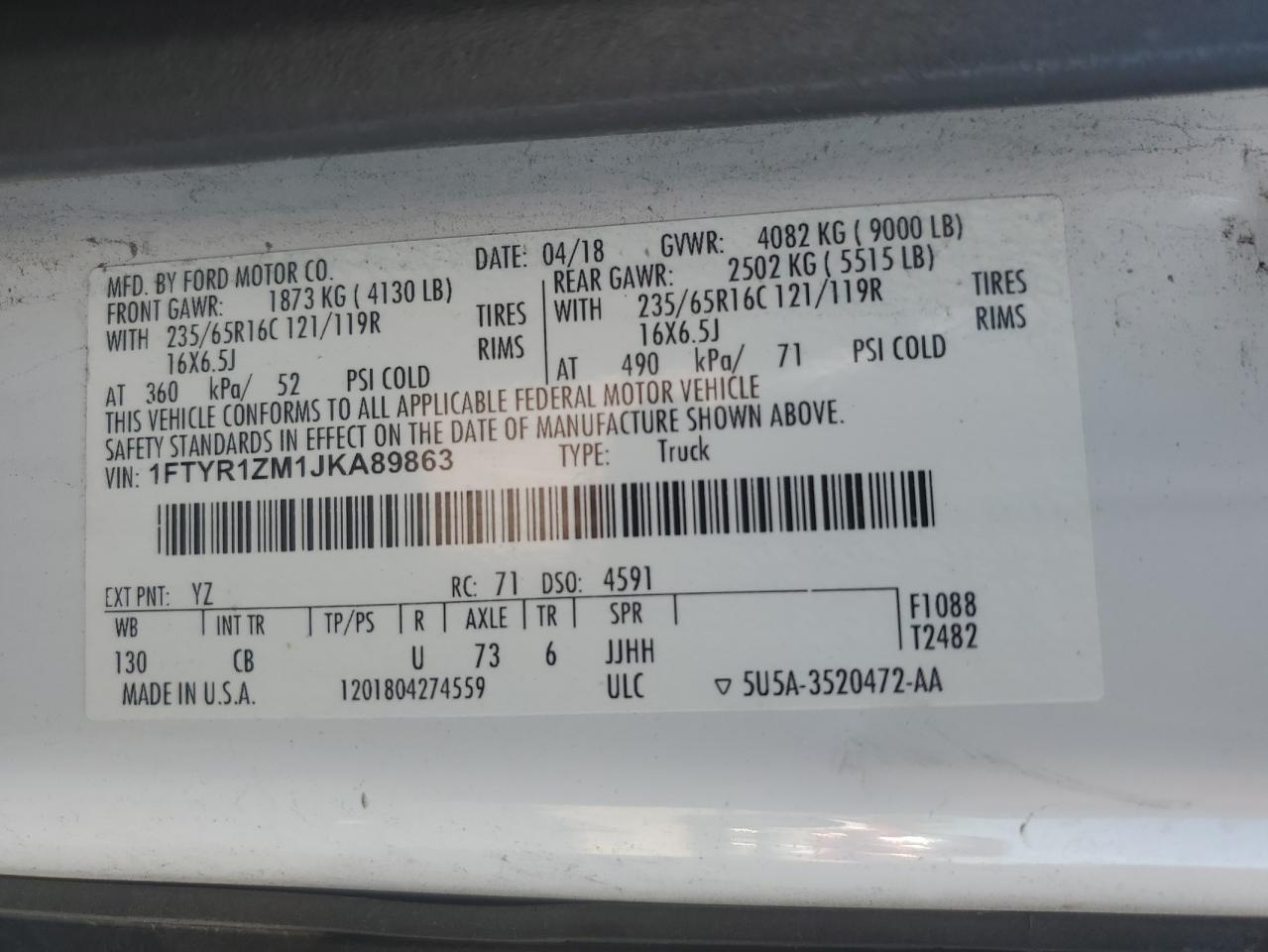 2018 Ford Transit T-250 VIN: 1FTYR1ZM1JKA89863 Lot: 65563485