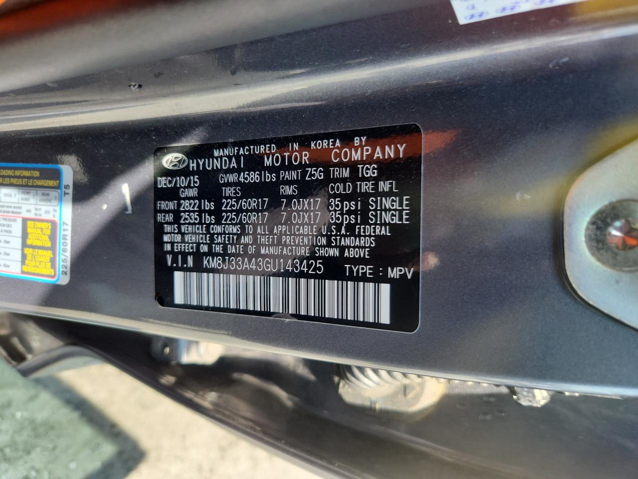 2016 Hyundai Tucson Limited VIN: KM8J33A43GU143425 Lot: 70264885