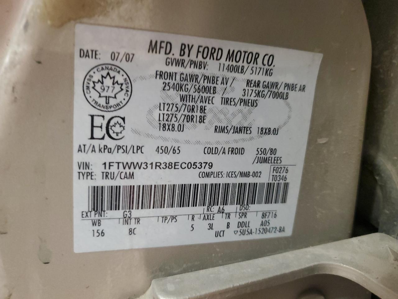 2008 Ford F350 Srw Super Duty VIN: 1FTWW31R38EC05379 Lot: 69318565