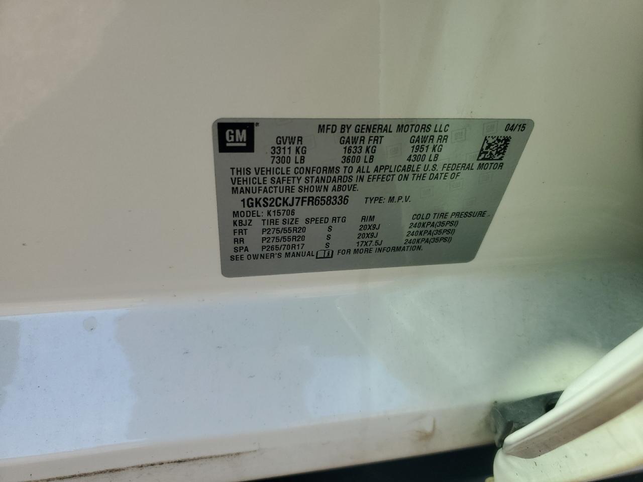 2015 GMC Yukon Denali VIN: 1GKS2CKJ7FR658336 Lot: 70506995