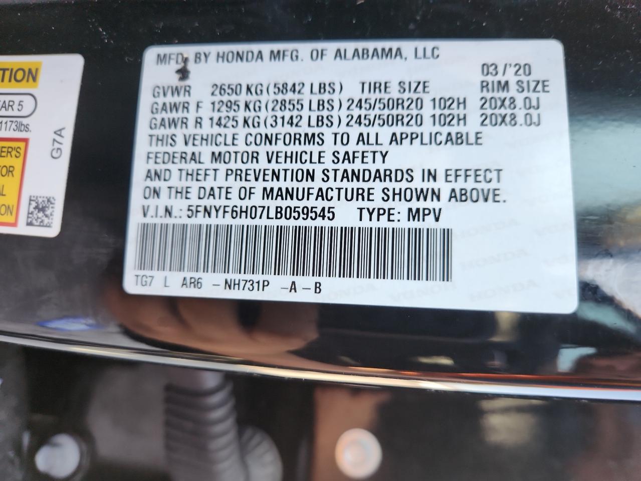 2020 Honda Pilot Elite VIN: 5FNYF6H07LB059545 Lot: 69449805