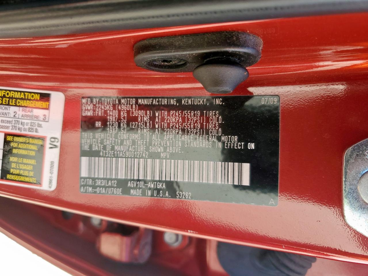 2009 Toyota Venza VIN: 4T3ZE11A59U012742 Lot: 70301035