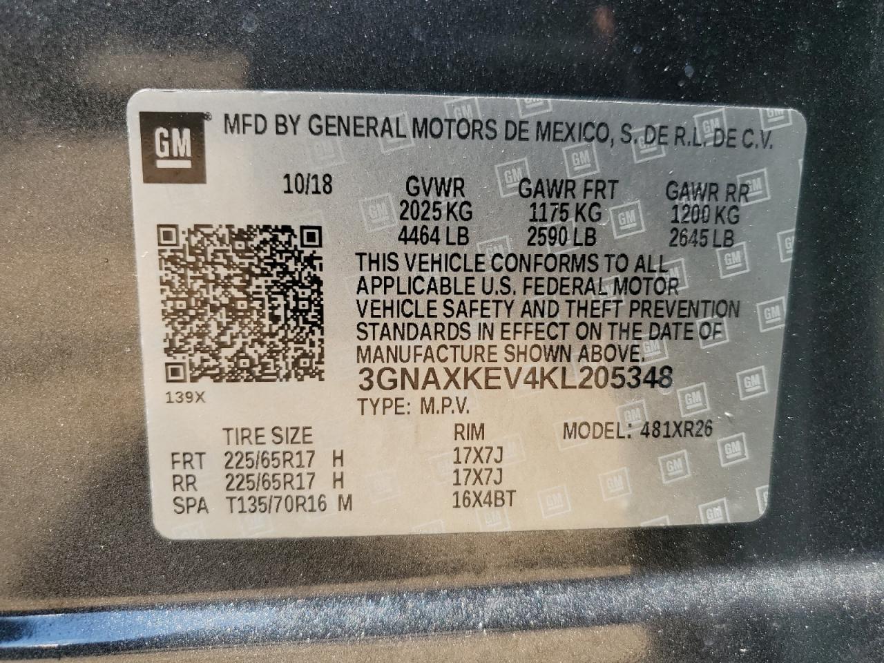 2019 Chevrolet Equinox Lt VIN: 3GNAXKEV4KL205348 Lot: 70021405