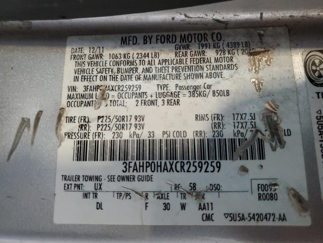 2012 Ford Fusion Se VIN: 3FAHP0HAXCR259259 Lot: 69571525