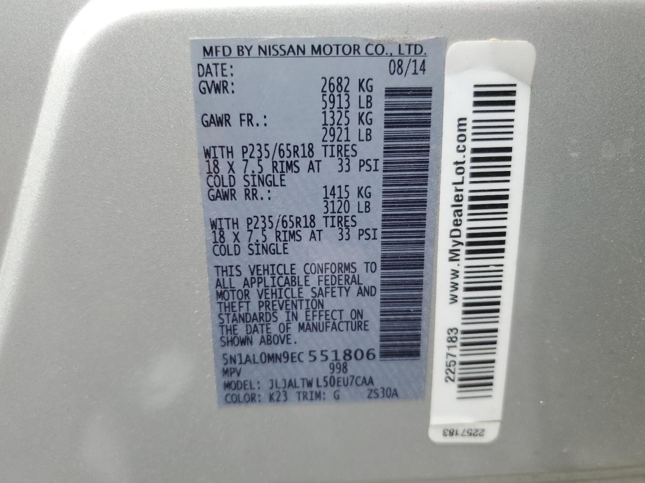 2014 Infiniti Qx60 VIN: 5N1AL0MN9EC551806 Lot: 70333015
