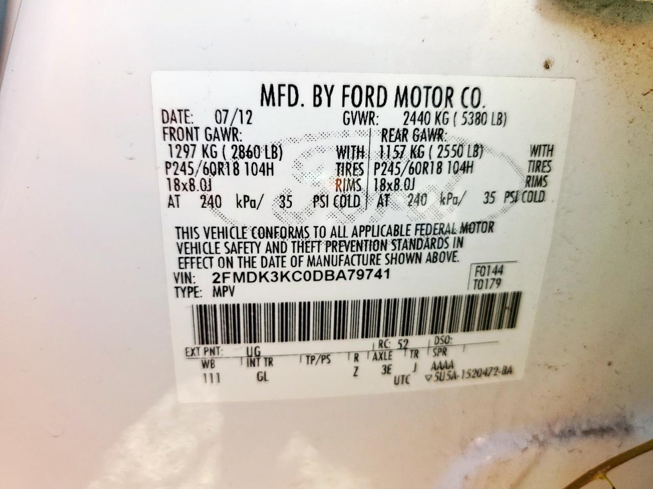 2013 Ford Edge Limited VIN: 2FMDK3KC0DBA79741 Lot: 69082035