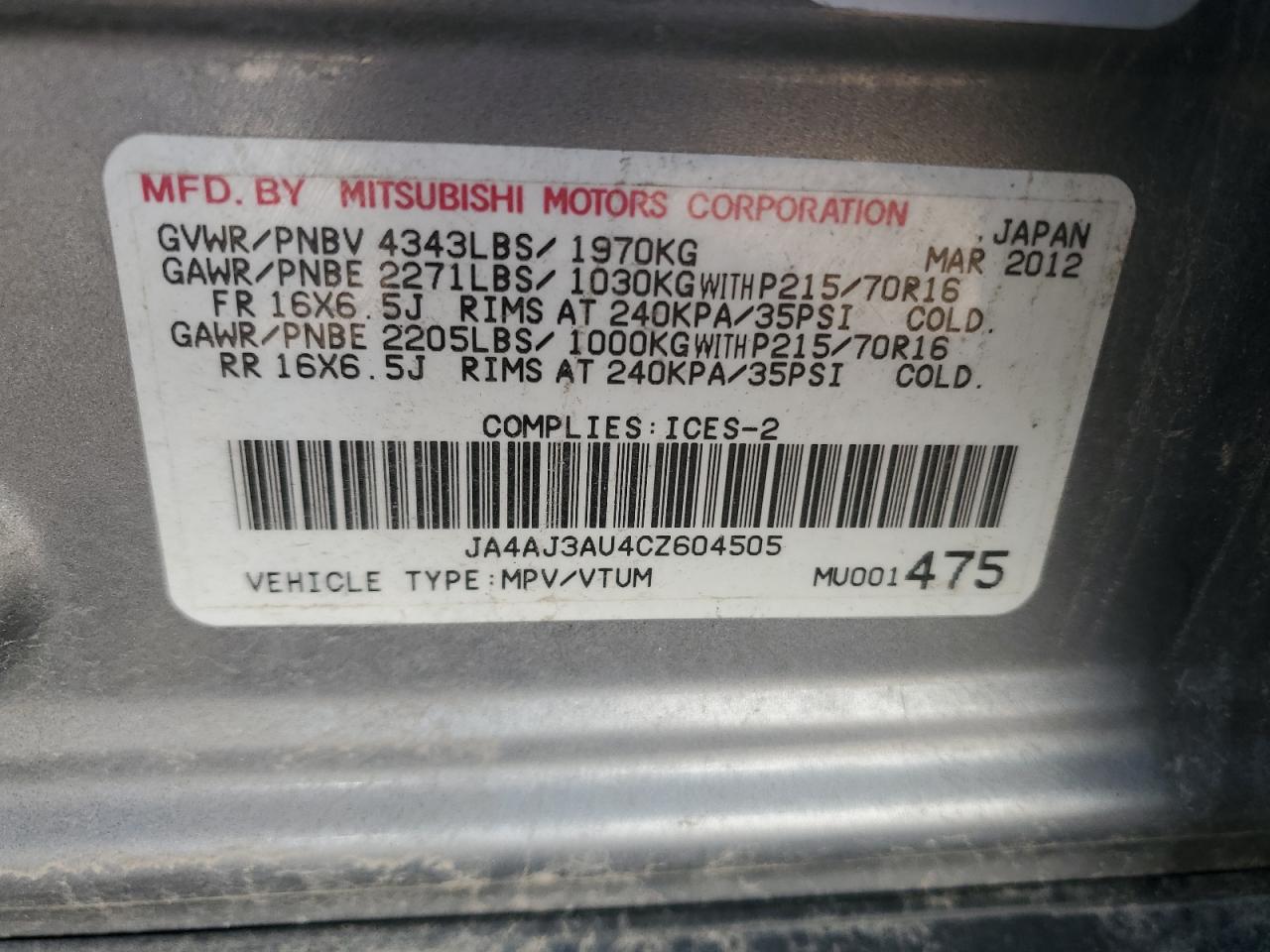 2012 Mitsubishi Rvr Se VIN: JA4AJ3AU4CZ604505 Lot: 68344795