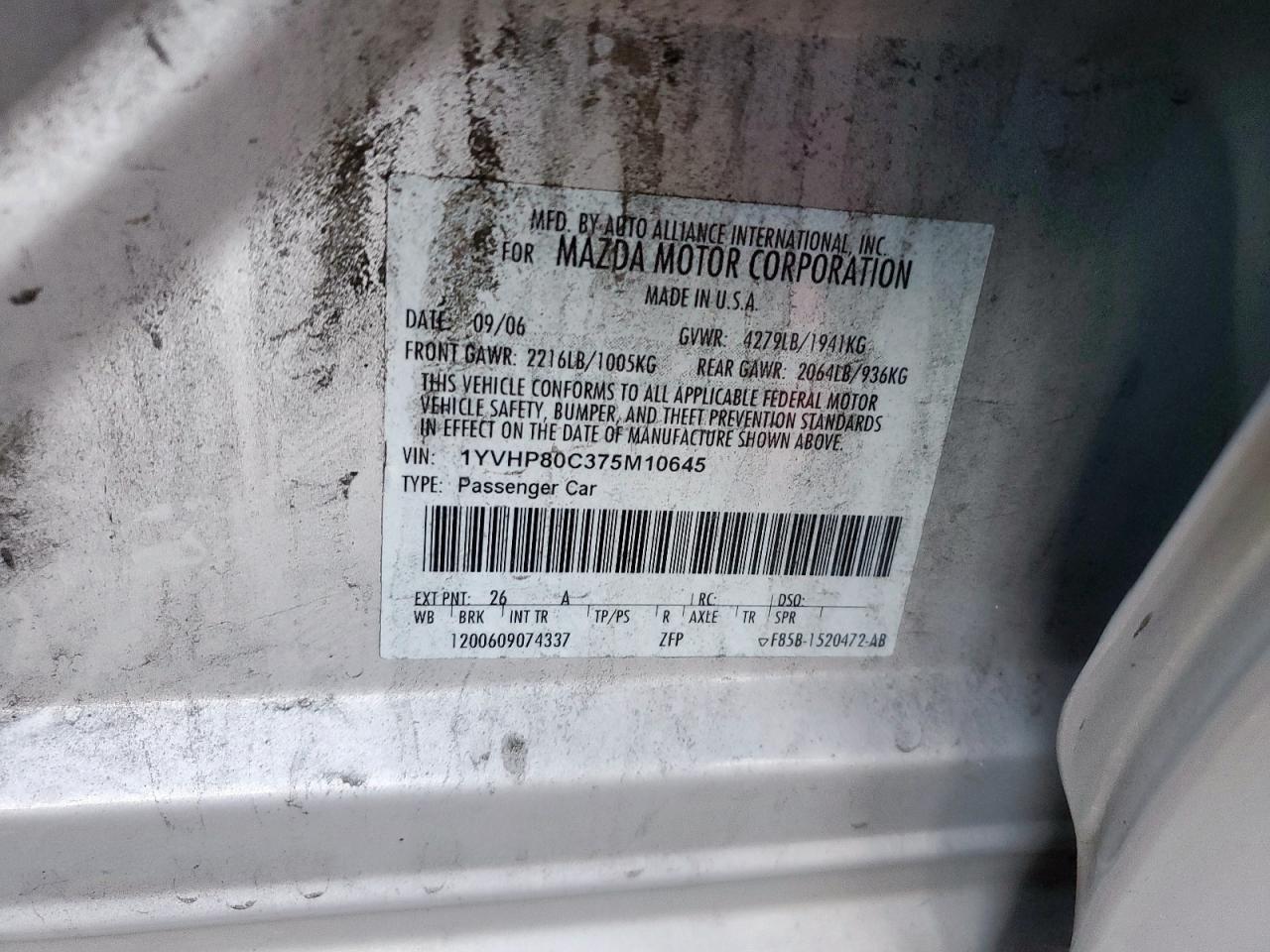 2007 Mazda 6 I VIN: 1YVHP80C375M10645 Lot: 68048775